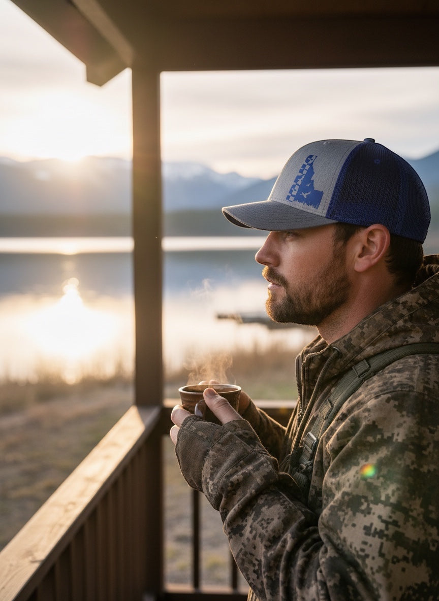 JSD Apparel Flyway Idaho trucker hat, heather gray front with blue mesh back and Idaho silhouette graphic.