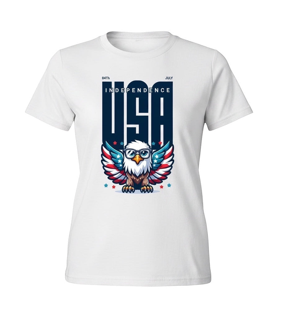 JSD Apparel white youth tee featuring a patriotic eagle wearing glasses and USA Independence graphic for 4th of July.
