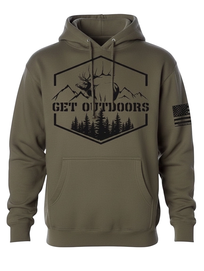 JSD Apparel olive green unisex heavy weight fleece hoodie with Get Outdoors elk mountain graphic and flag sleeve patch