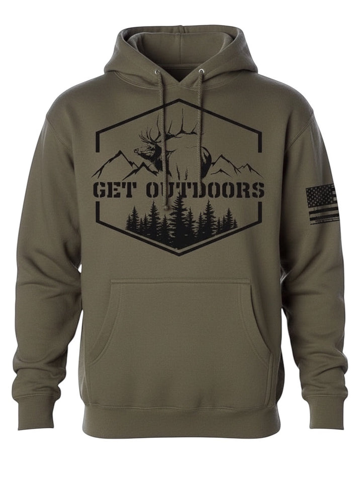 JSD Apparel olive green unisex heavy weight fleece hoodie with Get Outdoors elk mountain graphic and flag sleeve patch