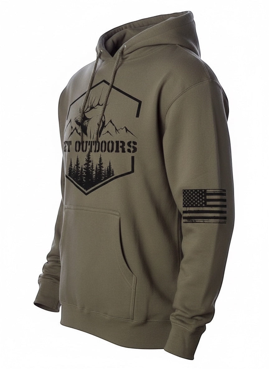 JSD Apparel olive green unisex heavy weight pullover hoodie with Get Outdoors elk mountain graphic and US flag sleeve