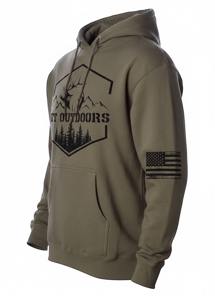 JSD Apparel olive green unisex heavy weight pullover hoodie with Get Outdoors elk mountain graphic and US flag sleeve