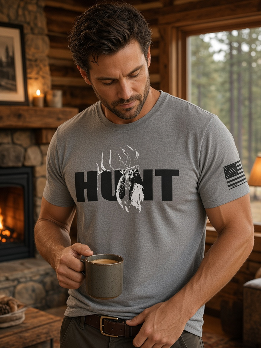 JSD Apparel grey triblend t-shirt featuring a HUNT graphic with a bugling elk and American flag sleeve detail