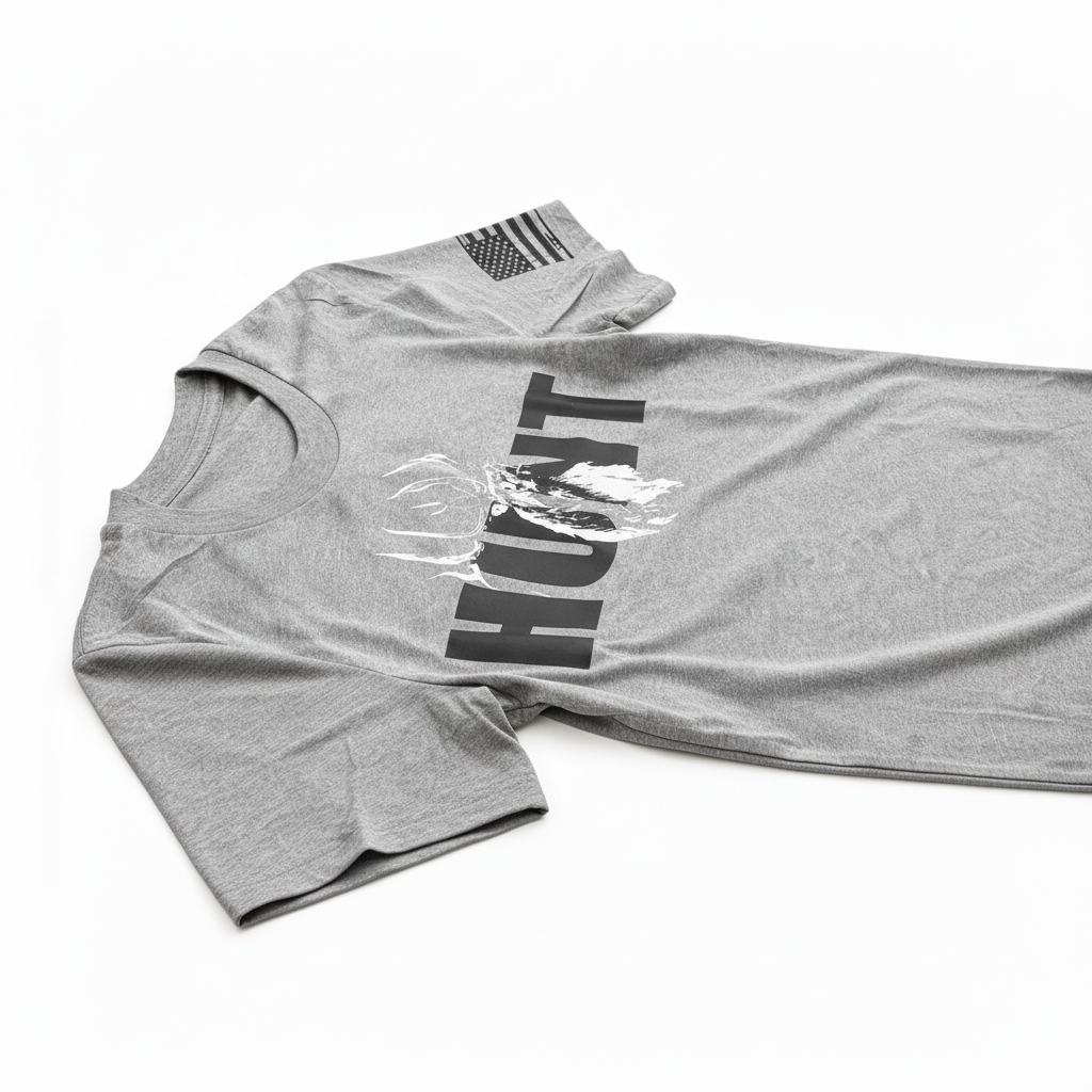 JSD Apparel grey triblend t-shirt with HUNT graphic and bugling elk design, featuring an American flag sleeve detail.