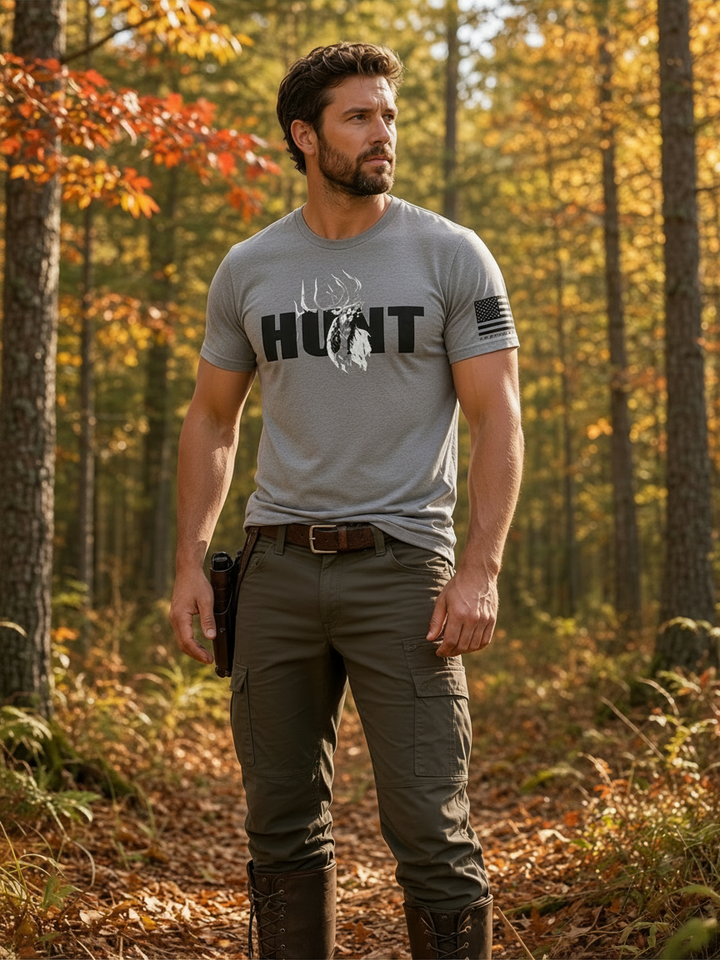 JSD Apparel grey triblend t-shirt with HUNT elk graphic and American flag sleeve detail worn by a man in the woods