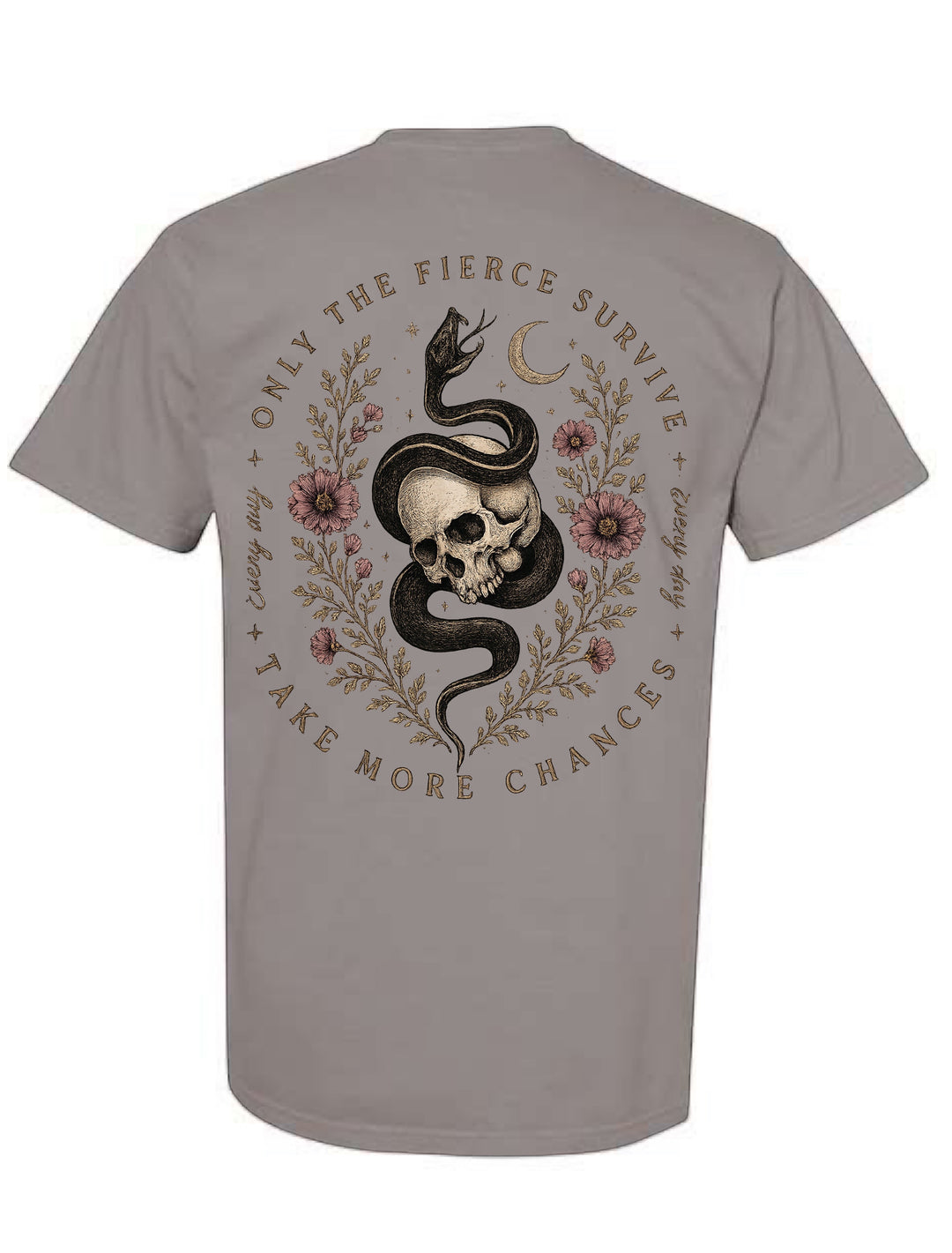 JSD Apparel grey unisex tee featuring a back graphic of a skull, serpent, wildflowers, and celestial details.