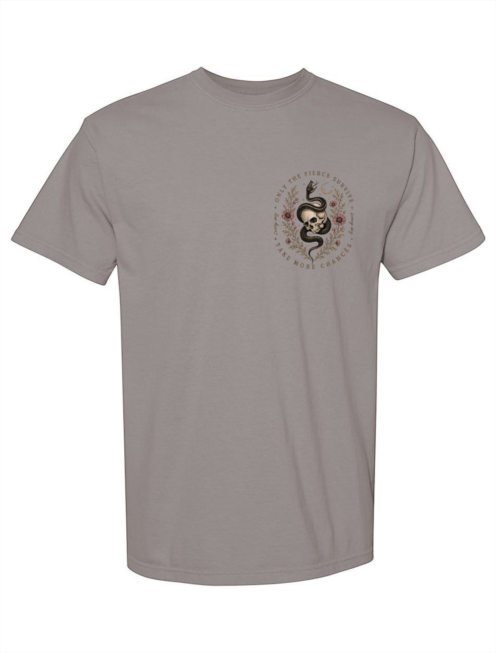 JSD Apparel unisex grey Comfort Colors tee featuring a small chest graphic of a skull, serpent, and floral details.