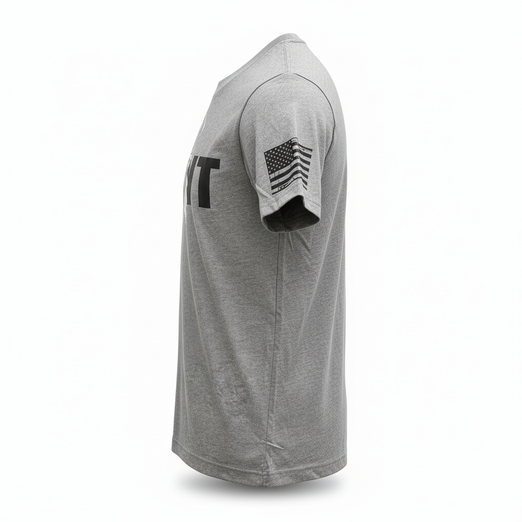 JSD Apparel grey triblend t-shirt with HUNT graphic and American flag sleeve detail, side view