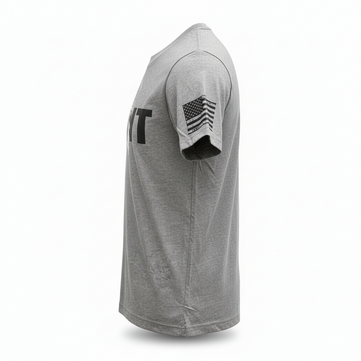 JSD Apparel grey triblend t-shirt with HUNT graphic and American flag sleeve detail, side view
