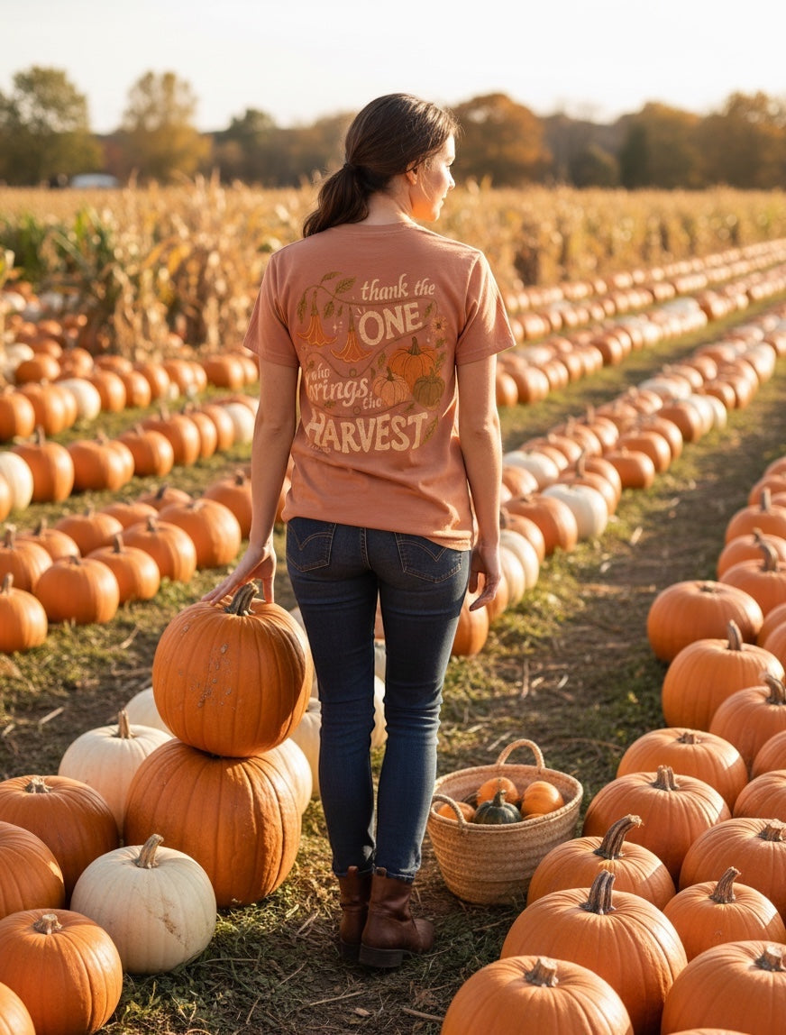 JSD Apparel harvest-themed unisex tee with autumn pumpkin and floral back graphic worn in a pumpkin patch