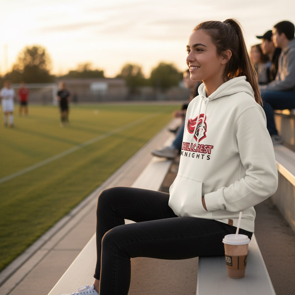 JSD Apparel Hillcrest Knights heavyweight hoodie in white with front graphic, worn by a woman on stadium bleachers.