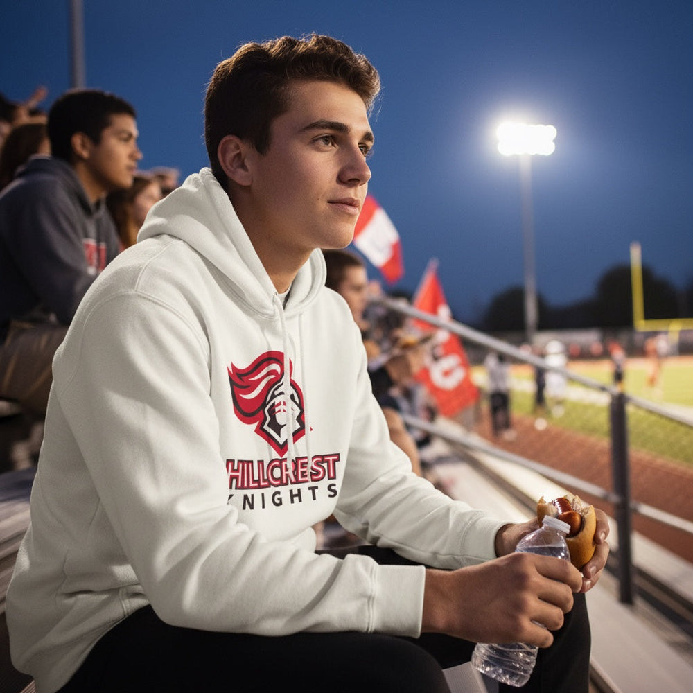 JSD Apparel white heavyweight hoodie with Hillcrest Knights logo worn by a young man at a nighttime football game