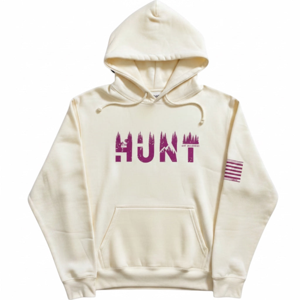 JSD Apparel unisex heavy weight cream pullover hoodie with purple HUNT graphic and sleeve flag detail.