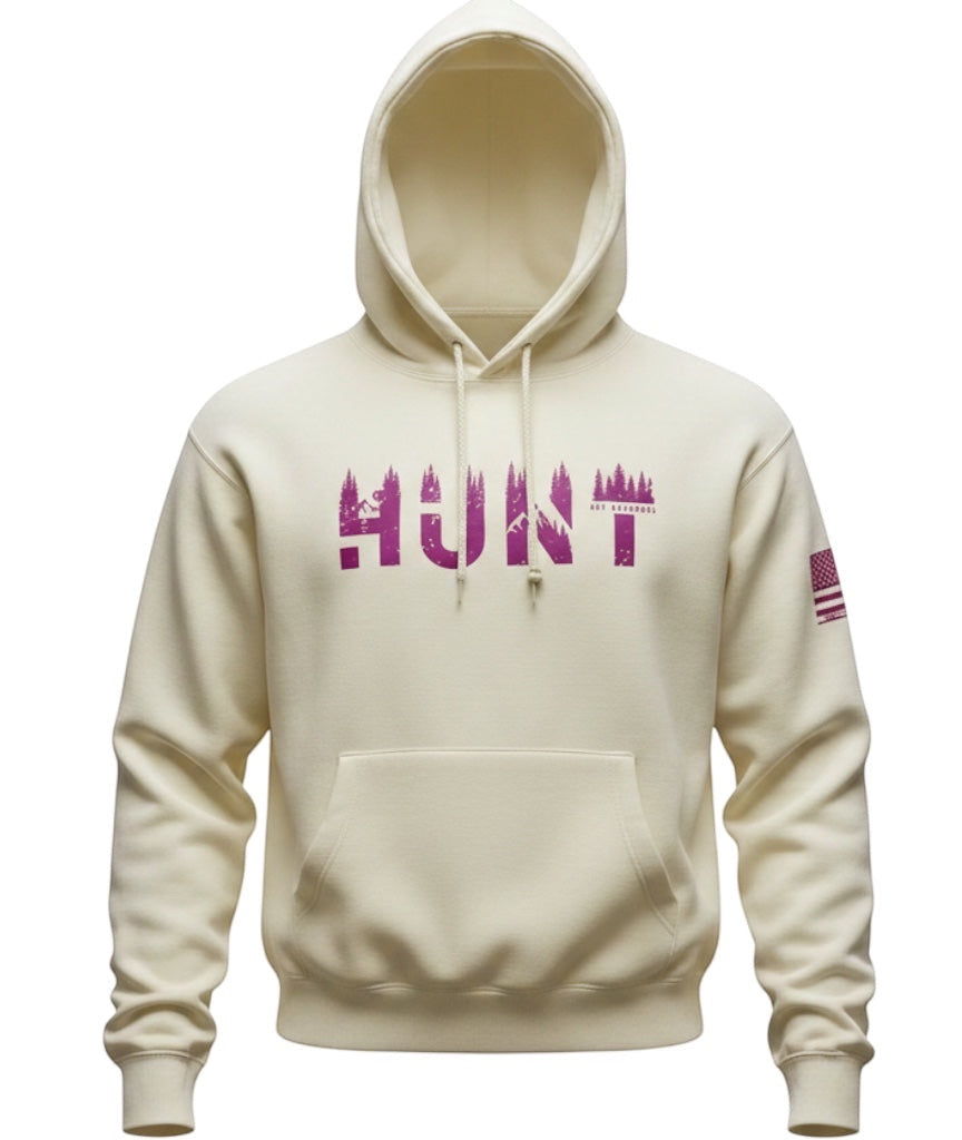 JSD Apparel unisex cream pullover hoodie with purple HUNT forest graphic and American flag patch on the sleeve.