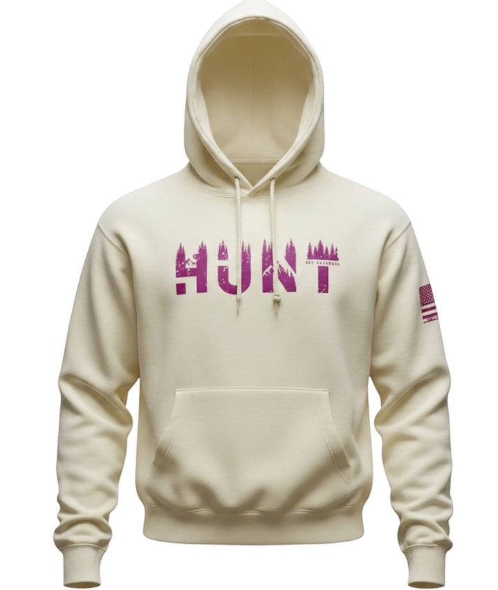 JSD Apparel unisex cream pullover hoodie with purple HUNT forest graphic and American flag patch on the sleeve.