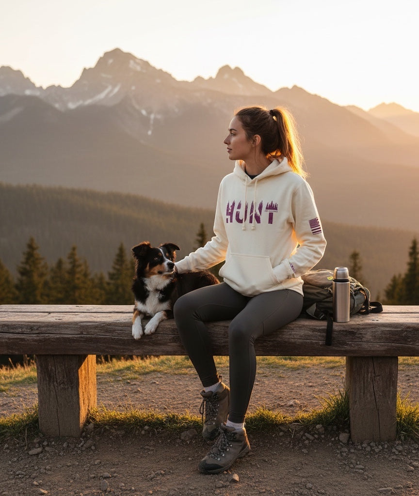 JSD Apparel unisex heavy weight pullover hoodie in cream with Hunt graphic, worn by a woman with a dog on a mountain.