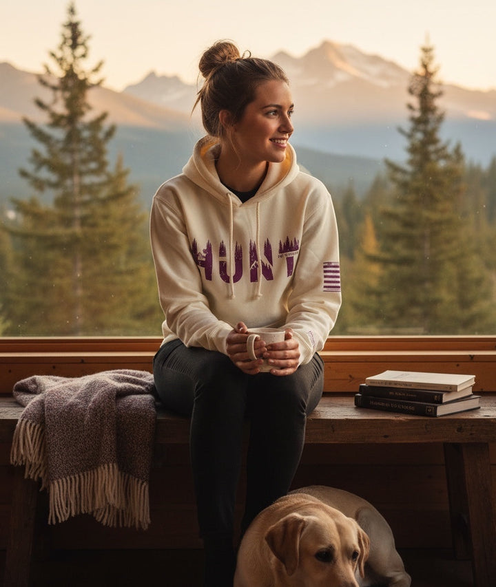 Woman in a JSD Apparel heavy-weight pink unisex hoodie with Hunt graphic, sitting by a mountain view with a dog.