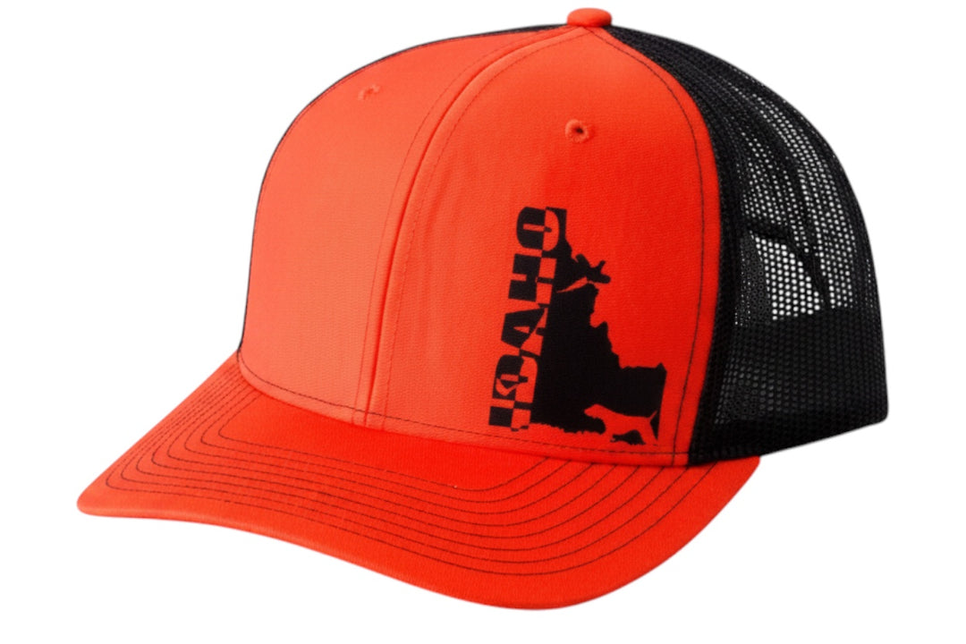 JSD Apparel Idaho Upland Blaze trucker hat with a bright orange front, black mesh back, and Idaho hunting graphic.
