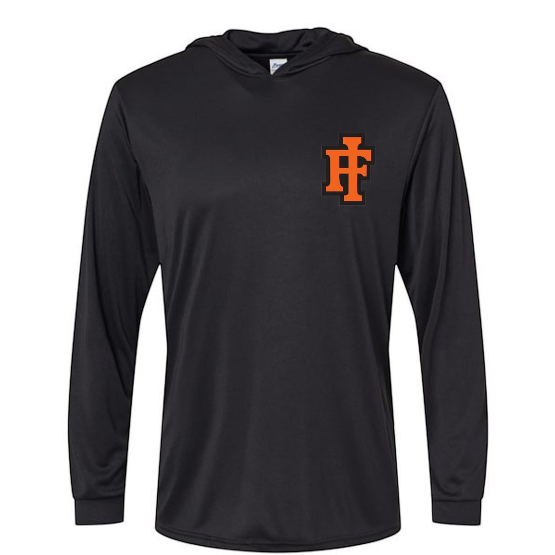JSD Apparel black performance hooded long sleeve shirt with orange IF logo, featuring moisture-wicking microfiber.