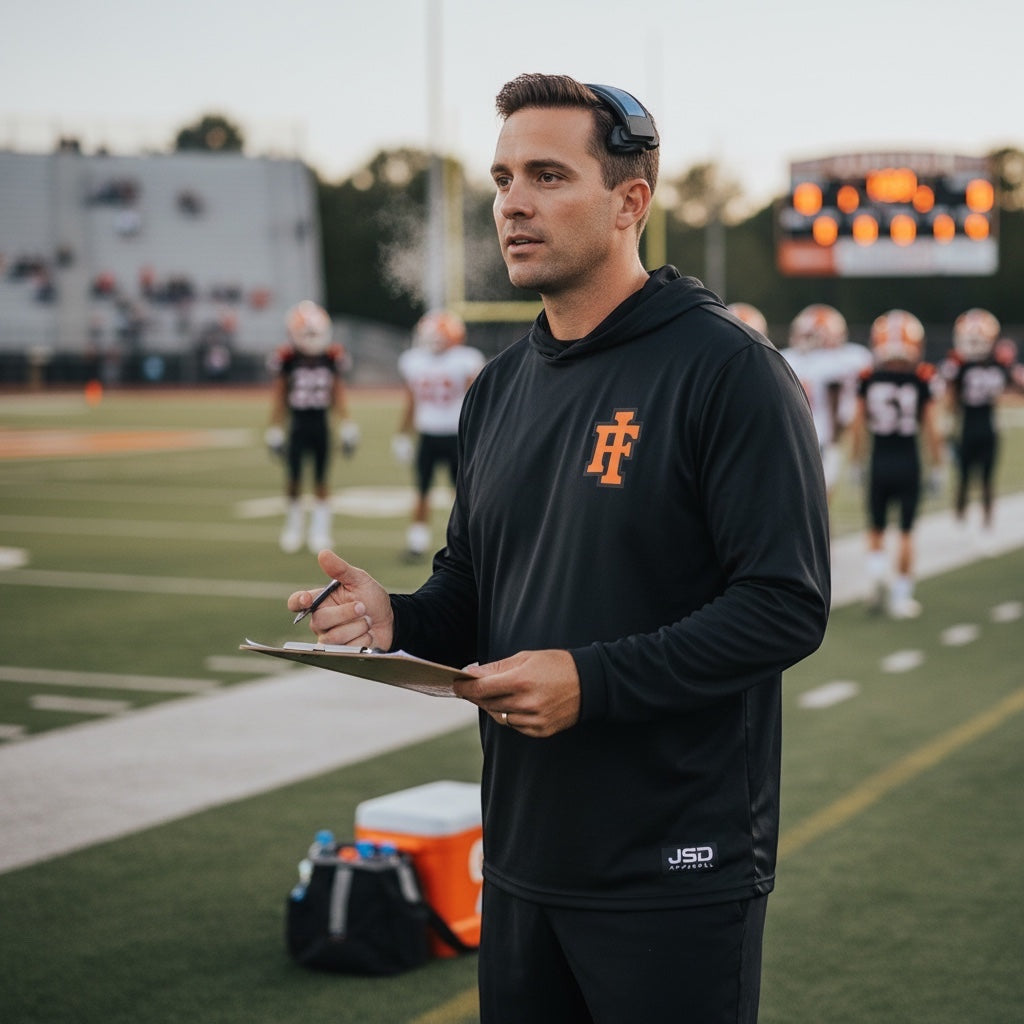 Coach wearing a black JSD Apparel performance hooded long sleeve with an orange IF logo on a football field.