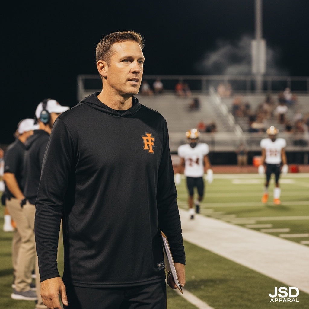 A coach wearing a black JSD Apparel performance hooded long sleeve with an orange IF logo on a football field at night.