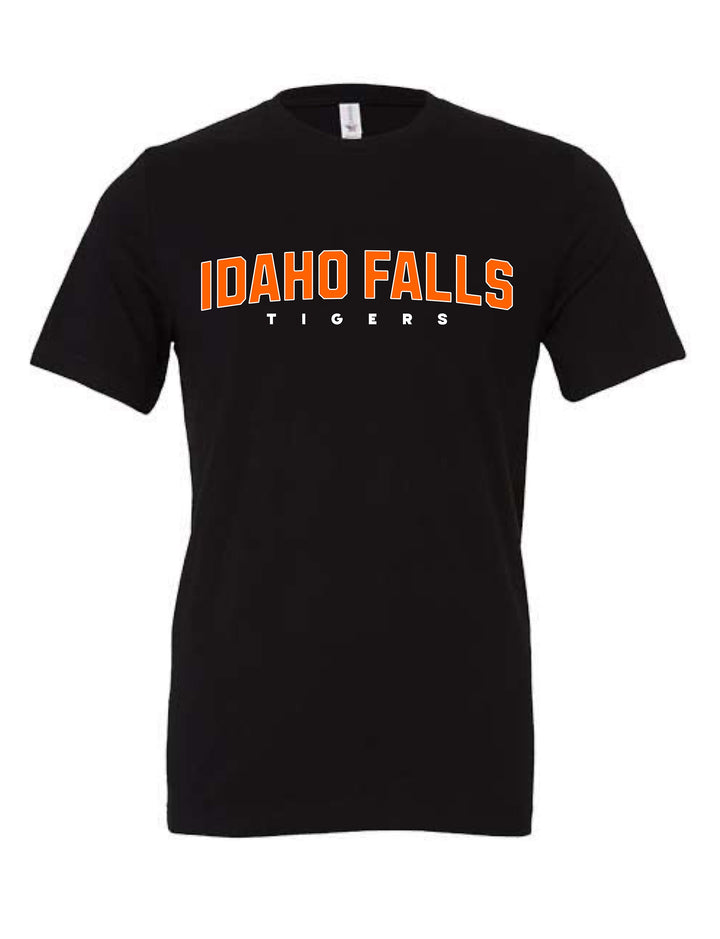 JSD Apparel black unisex short sleeve cotton t-shirt with Idaho Falls Tigers graphic in orange and white text