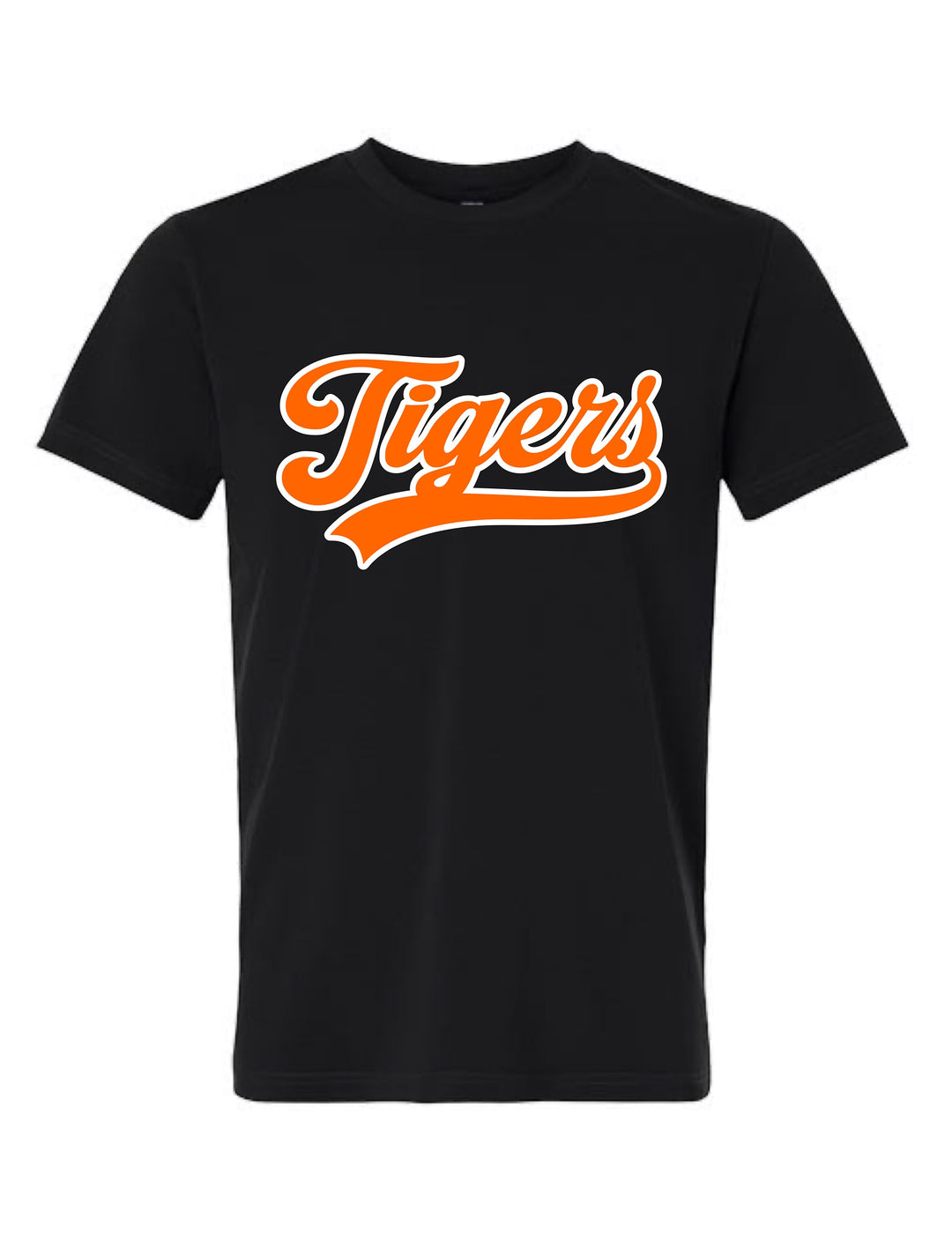 JSD Apparel Idaho Falls Tigers black cotton t-shirt with orange script lettering