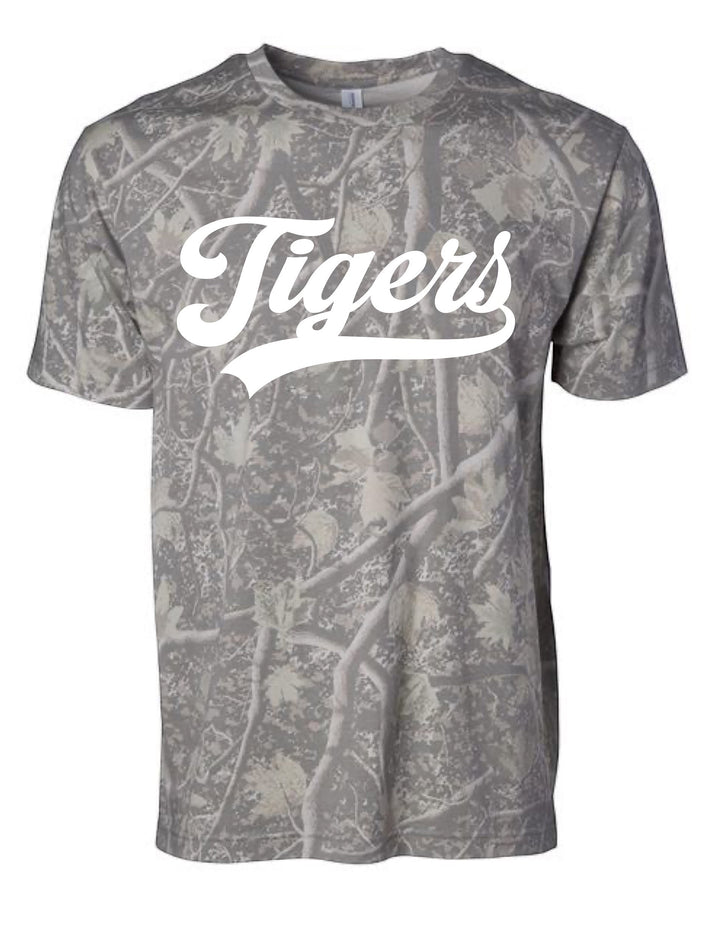 JSD Apparel Idaho Falls Tigers premium cotton tee in grey camo print with white script lettering.