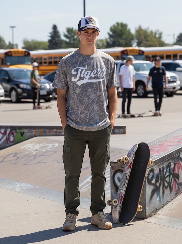 JSD Apparel Idaho Falls Tigers grey camo script tee worn by a young man at a skatepark with a skateboard.