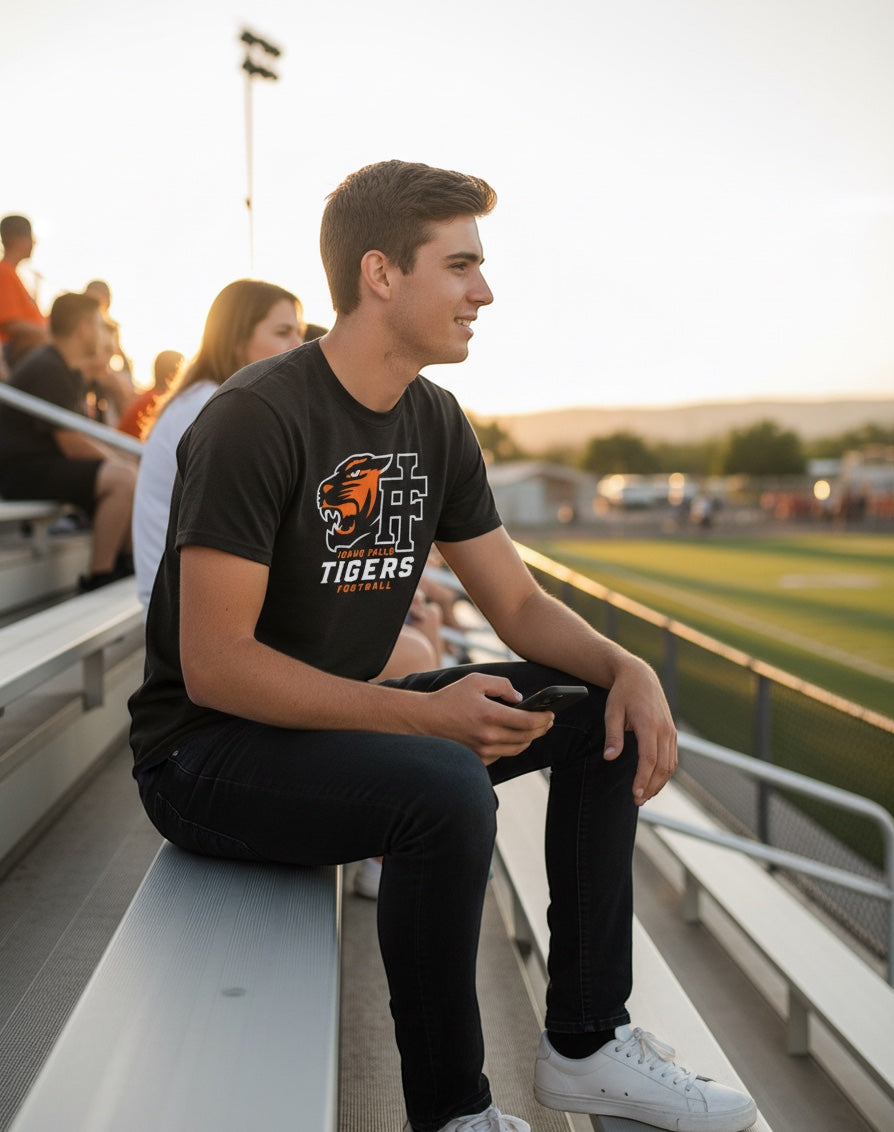 JSD Apparel black crewneck t-shirt with Idaho Falls Tigers Football logo worn by a man sitting in stadium bleachers