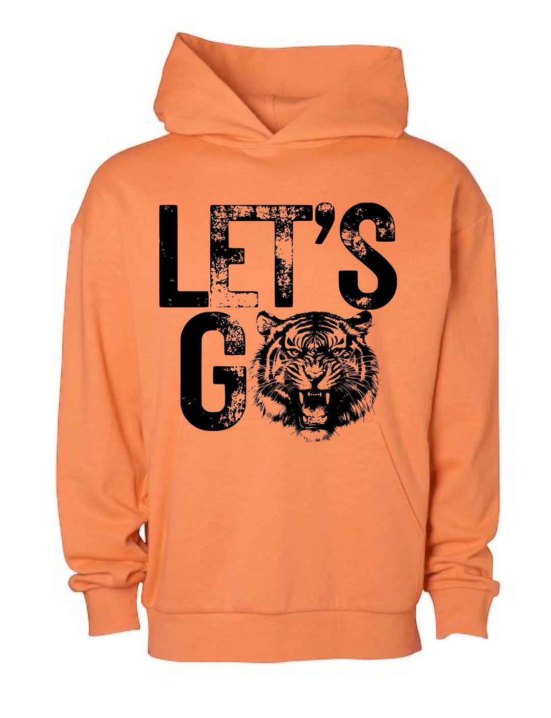 JSD Apparel orange hoodie with black distressed Let’s Go tiger graphic, featuring a front pocket and fleece lining.