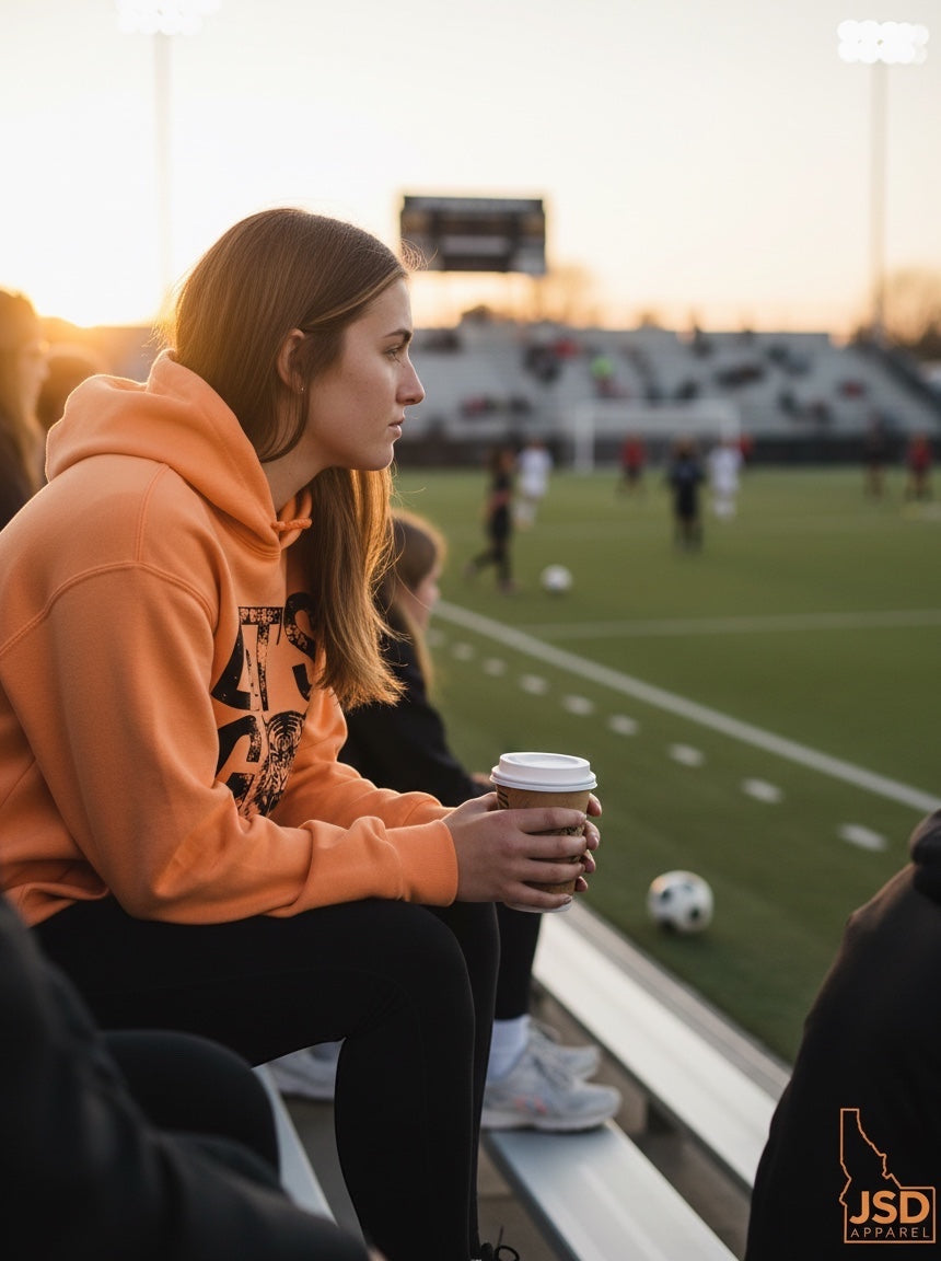 Woman wearing an orange JSD Apparel Idaho Falls Tigers hoodie with distressed graphic while sitting at a soccer game.