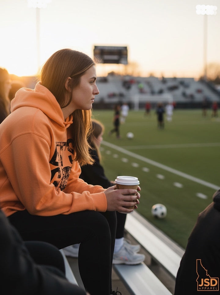 Woman wearing an orange JSD Apparel Idaho Falls Tigers hoodie with distressed graphic while sitting at a soccer game.