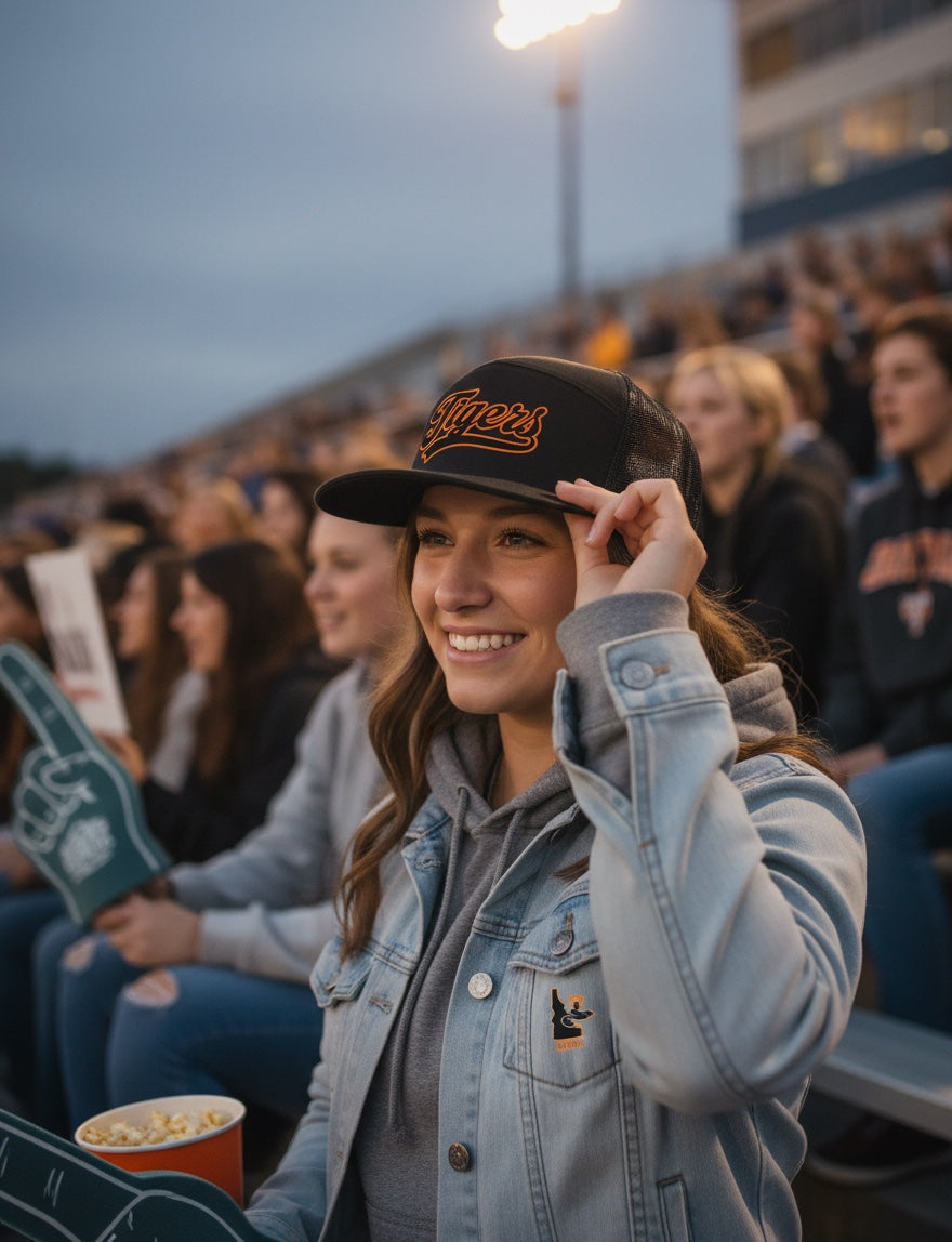 JSD Apparel Idaho Falls Tigers black performance hat with orange script logo worn by a smiling woman at a stadium