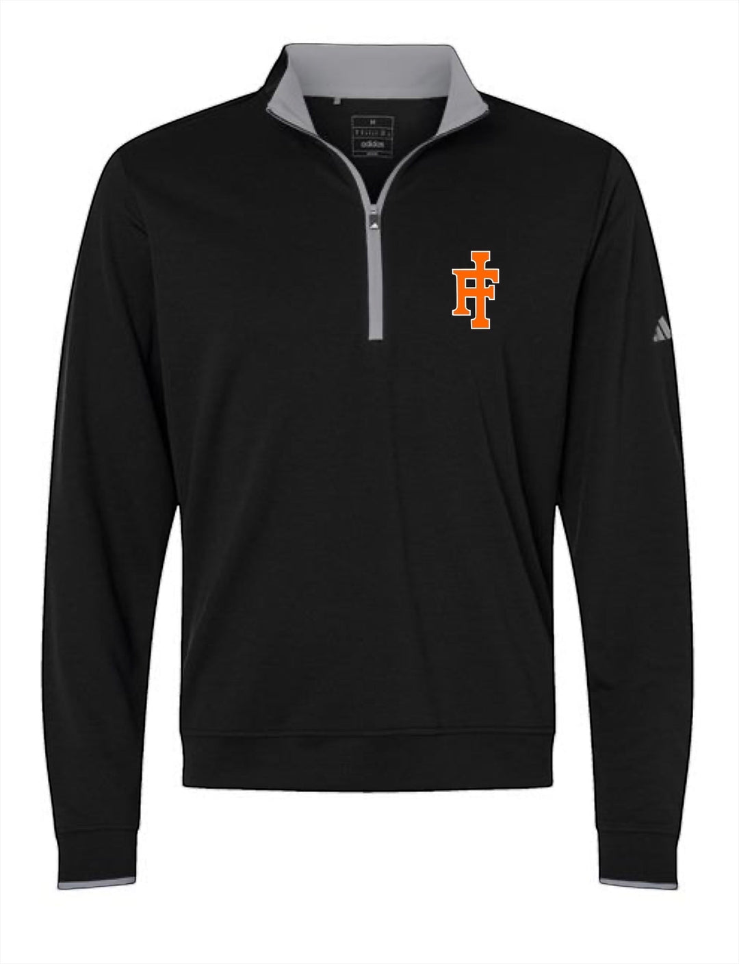 JSD Apparel Idaho Falls Tigers black performance quarter-zip pullover with orange logo and grey contrast collar.