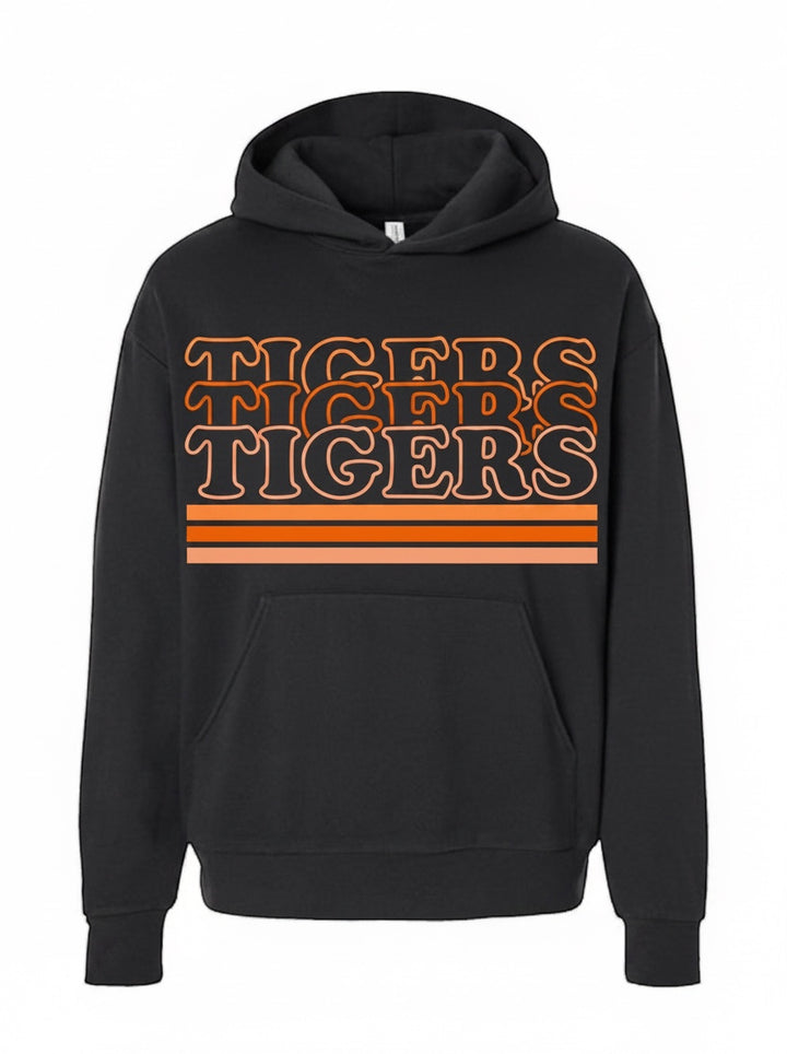 JSD Apparel black hoodie featuring a retro orange stacked TIGERS graphic and horizontal stripe design.