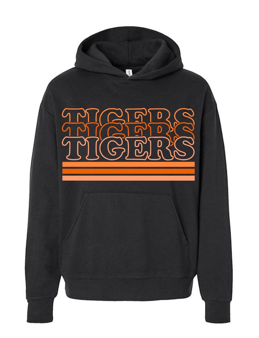JSD Apparel black Idaho Falls Tigers hoodie with retro orange stacked graphic and stripe accents.