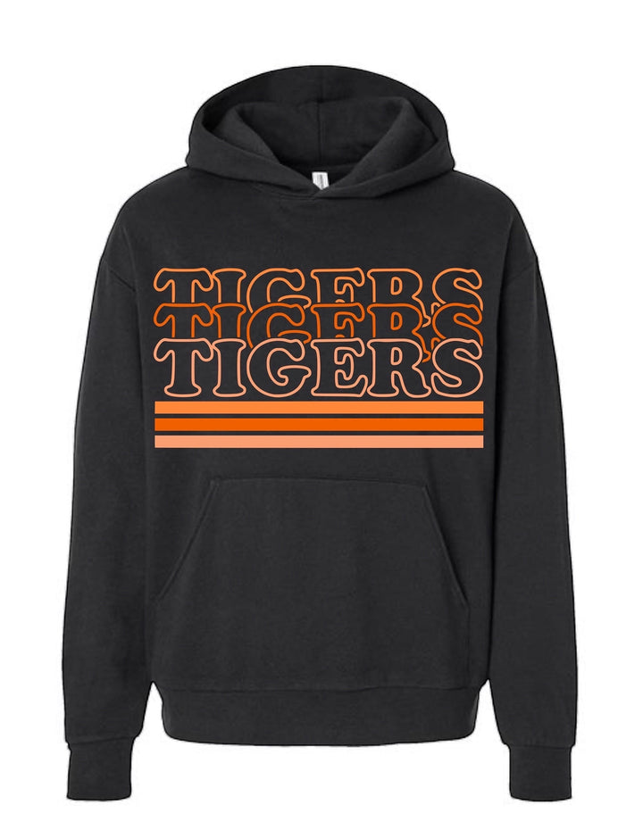 JSD Apparel black Idaho Falls Tigers hoodie with retro orange stacked graphic and stripe accents.