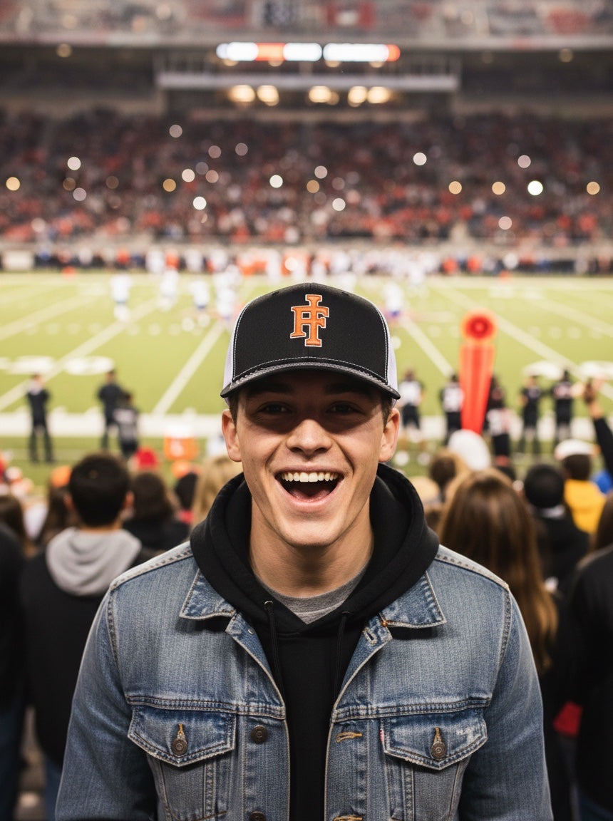 A smiling fan wears a black and white JSD Apparel Idaho Falls Tigers Richardson 112 snapback hat at a football game.