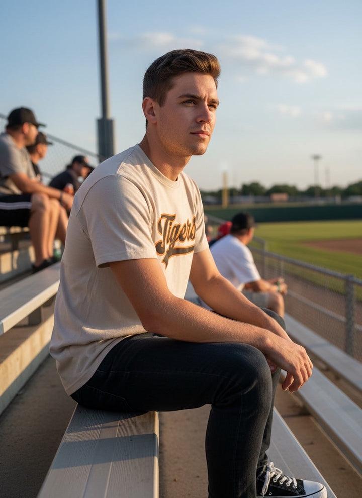 A man wearing a JSD Apparel Idaho Falls Tigers script tee in beige, sitting on stadium bleachers at a baseball field.