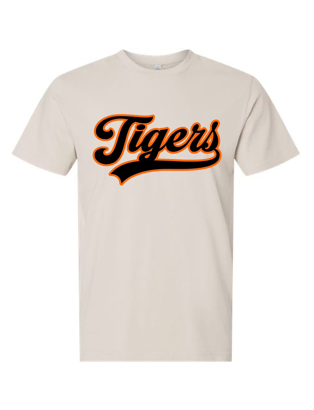JSD Apparel Idaho Falls Tigers premium cotton script tee in beige with black and orange lettering