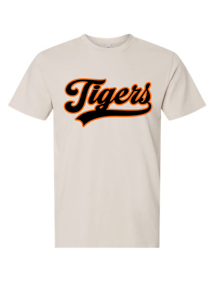 JSD Apparel Idaho Falls Tigers premium cotton script tee in beige with black and orange lettering