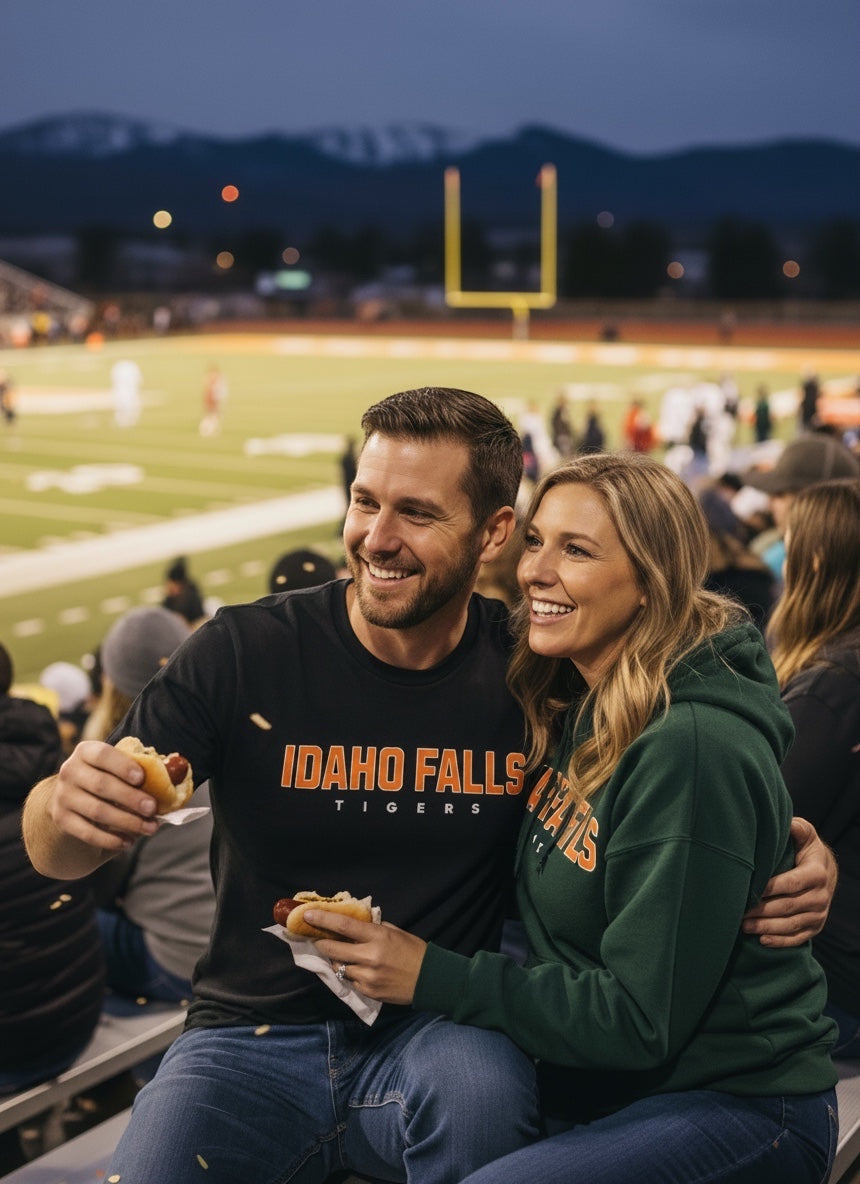 Man wearing a black JSD Apparel Idaho Falls Tigers cotton tee at a football game with a woman in a green hoodie.