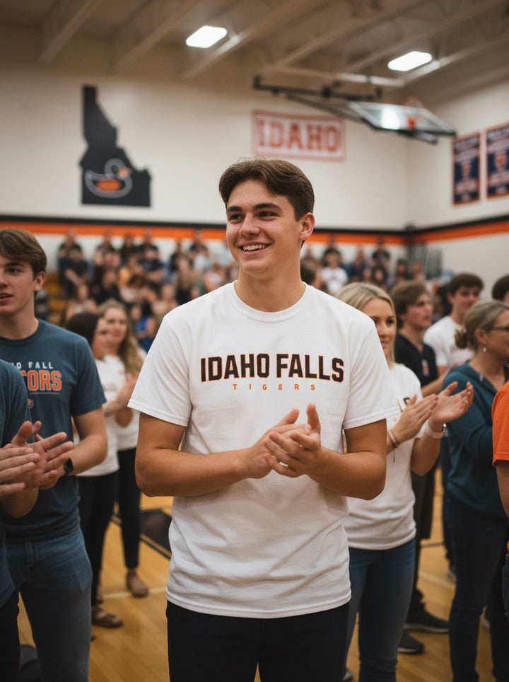 JSD Apparel white Idaho Falls Tigers cotton t-shirt worn by a smiling student in a school gymnasium