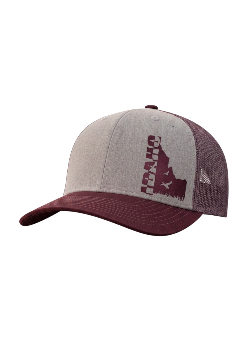 JSD Apparel Idaho Flyway trucker hat in heather gray and burgundy with a state silhouette and duck graphic.