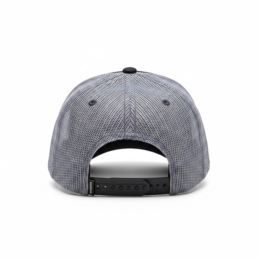 Back view of JSD Apparel Idaho Sunrise Richardson 115 trucker hat with grey mesh panels and black snapback closure.