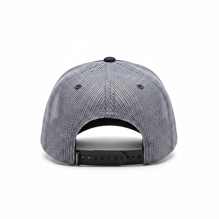 Back view of JSD Apparel Idaho Sunrise Richardson 115 trucker hat with grey mesh panels and black snapback closure.
