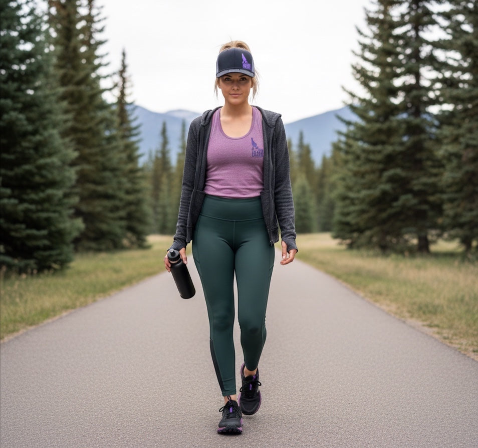 Woman wearing a JSD Apparel Idaho Sunrise Richardson 115 hat while walking on a path in a forest setting.