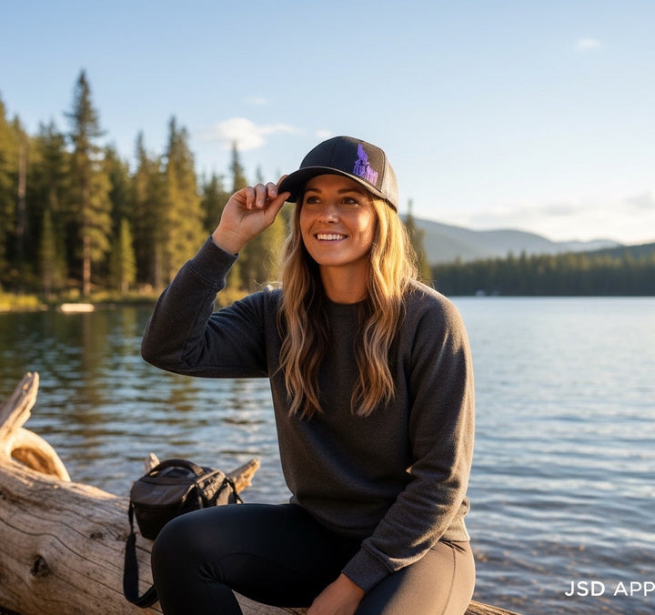 Woman wearing a JSD Apparel Idaho Sunrise Richardson 115 cap by a lake with pine trees at sunset.