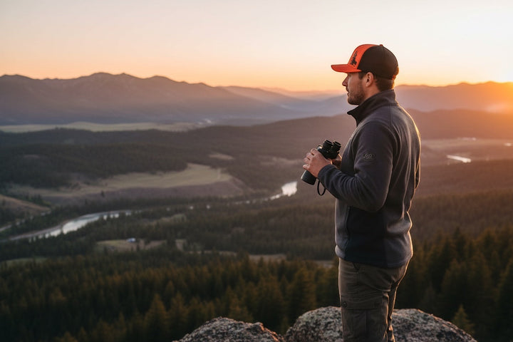 Man wearing a JSD Apparel Idaho Upland Blaze trucker hat with binoculars overlooking a mountain valley at sunset.